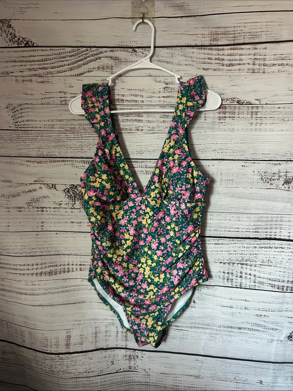 Kona Sol Green Floral One-Piece Swimsuit with Pink & Yellow Flowers size large